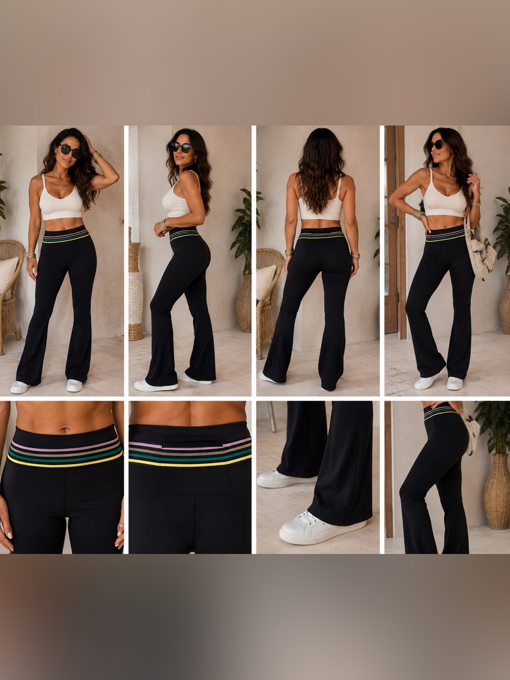 FP Movement Free People Black Ribbed Flare Yoga Pants XS Striped Waist